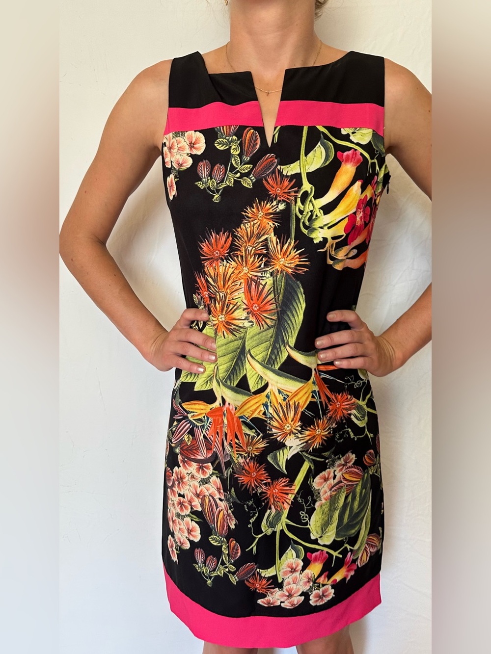 Black Tropical Print Sheath Dress with Pink Trim